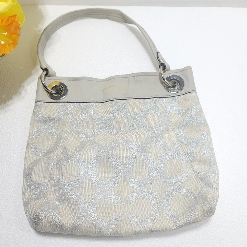 Coach women Signature Handbag Silver and Gray